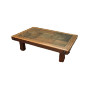 Vintage Brutalist Hout En Steen Salontafel
