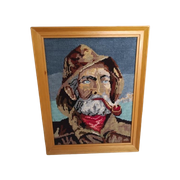 Vintage Geborduurd Schilderij Zeeman Met Pijp