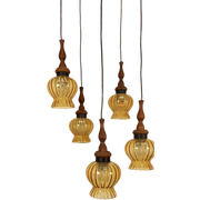 Vintage Grote Cascade Hanglamp Met 5 Glas En Hout Lampen