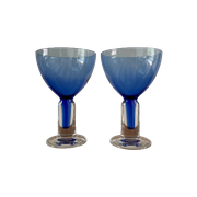 Vintage Blauwe Glazen Dikke Voet In Twee Kleuren , Set Van Drie Glazen / Cocktailglazen / Watergl
