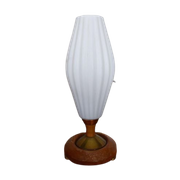 Vintage Deense Tripod Tafellamp Teakhout Messing Glazen Kelk