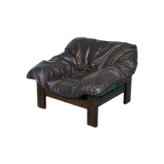 Brutalist Leolux Fauteuil Leer En Hout, Vintage 60S Design