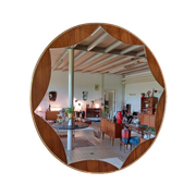 Prachtige Vintage Spiegel Teak / Glas Rond