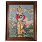 Vintage Geborduurd Schilderij Jongen Met Hond 35,5 X 45,5 Cm