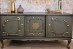 Vintage Queen Anne Sideboard In Green With Gold Patterns~ Vintage Cabinet~Trendy Cabinet