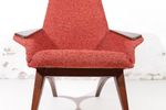 Deense Midcentury Fauteuil Teak Rode Boucle Wool Jaren 50
