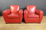 Set Of 2 Red Leather Vintage Armchairs