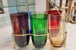 Vintage Longdrink Glazen Gekleurd In Houder Seventies