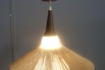 Jaren 50 Hang Lamp Melkwit Glas Kap Geel Met Raffia Touw Kap