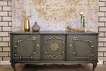Vintage Queen Anne Sideboard In Green With Gold Patterns~ Vintage Cabinet~Trendy Cabinet