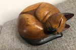 Vintage Houten Beeld Slapende Kat | Beeldje