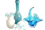 Wit Swirl Vaasje Met Turquoise Murano Style Mondgeblazen, Jaren '90