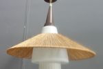 Jaren 50 Hang Lamp Melkwit Glas Kap Geel Met Raffia Touw Kap